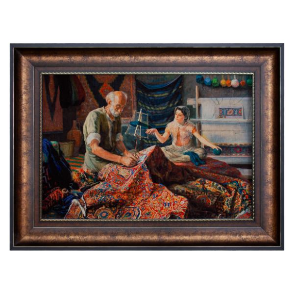 Timeless Persian Wall Painting – The Carpet Mender with His Daughter | Carpet Art (82x112 cm Framed)