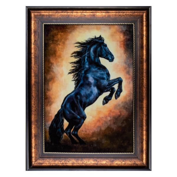 Persian Carpet Art of Black Horse Standing Proudly