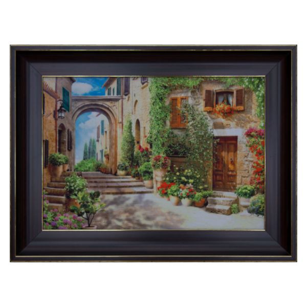 Romantic Persian Wall Painting – Velvet Art of a Mediterranean Alley (62x82 cm Framed)